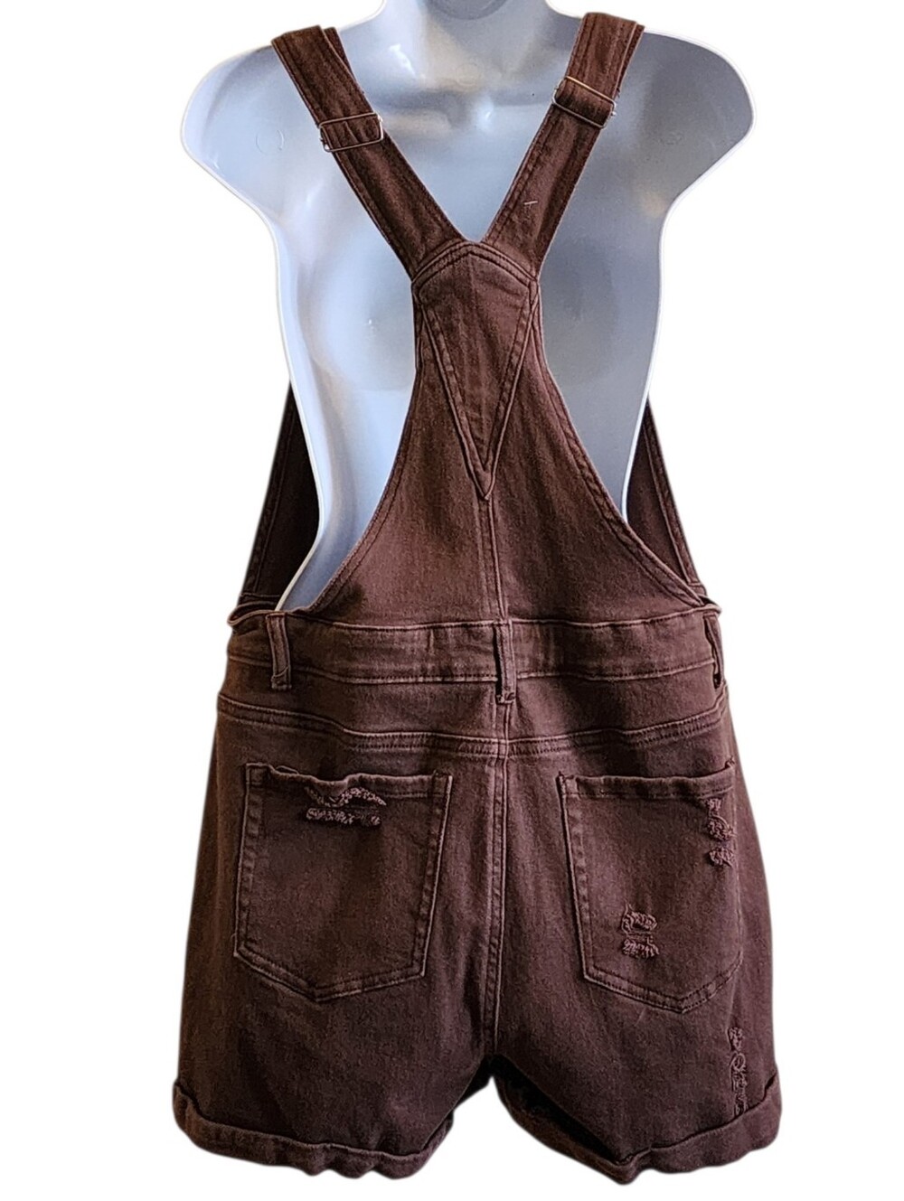 Overall brown denim shorts distressed casual adjustable straps, pockets, fun! - Picture 4 of 14